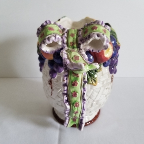 Ceramic Fruit Basket Weave Pitcher Ribbon Handle - Picture 3 of 8